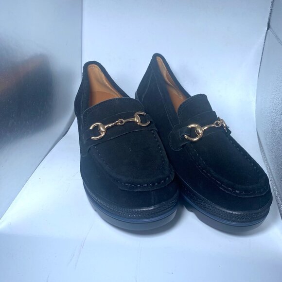 Shoes - Black Suede Loafers Platform Chunky Heel Gold Bit Detail Size 40 Preppy Academia